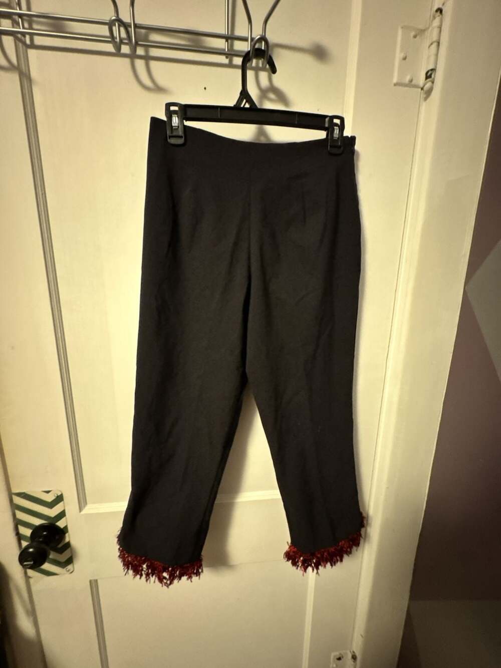 Cactus Flower Women's Black Cropped Trousers with Red Fringe Hem Size 8